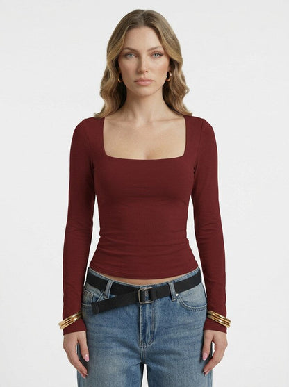 Women's Fitted Long Sleeve Square Neck Knit Top