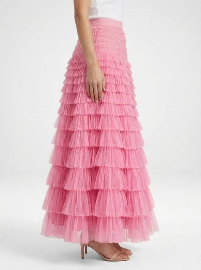 Women's Tulle Maxi Skirt with Elastic High Waist and Layered Silhouette