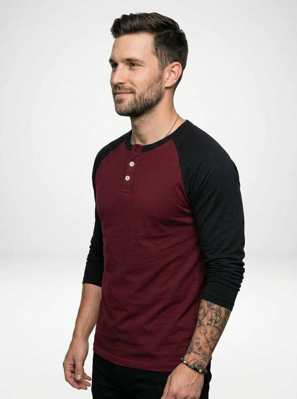 Men’s Long Sleeve Henley Shirt with Contrast Raglan Sleeves