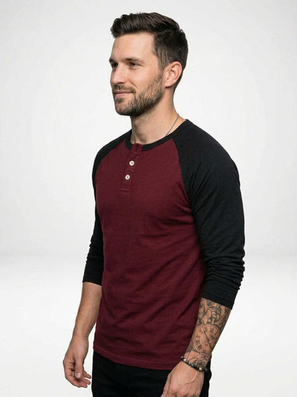 Men’s Long Sleeve Henley Shirt with Contrast Raglan Sleeves