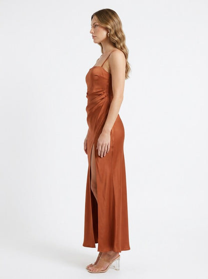 Satin Slip Thigh High Slit Maxi Cocktail Dress