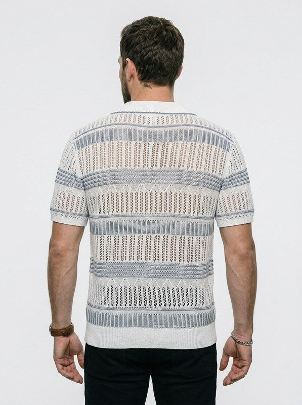 Men’s Striped Knit Polo Shirt with Relaxed Coastal Hollow-Out Design