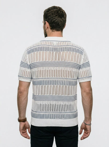 Men’s Striped Knit Polo Shirt with Relaxed Coastal Hollow-Out Design