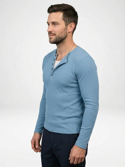 Men’s Ribbed Long-Sleeve Henley Shirt Featuring a Partial Button Front