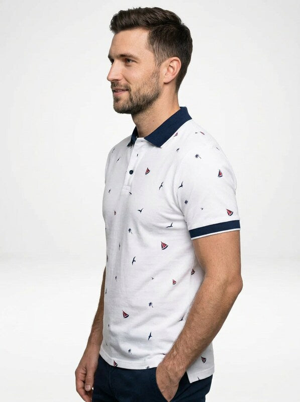 Men’s Short Sleeve Polo Shirt with All-Over Print and Contrast Trim