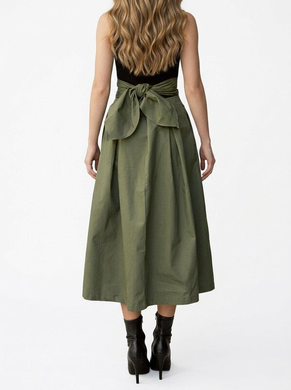 Pleated Midi Skirt with Back Tie Detail