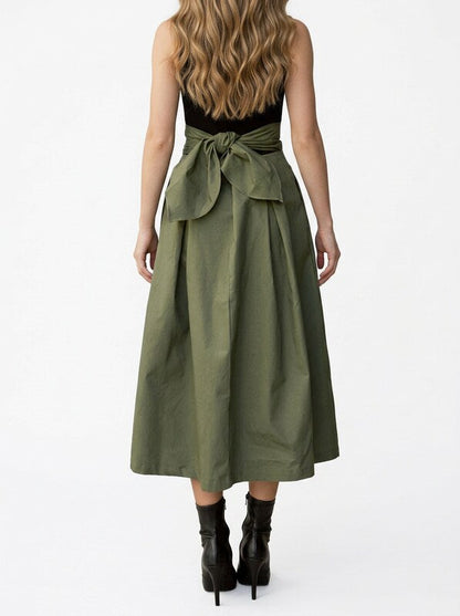 Pleated Midi Skirt with Back Tie Detail