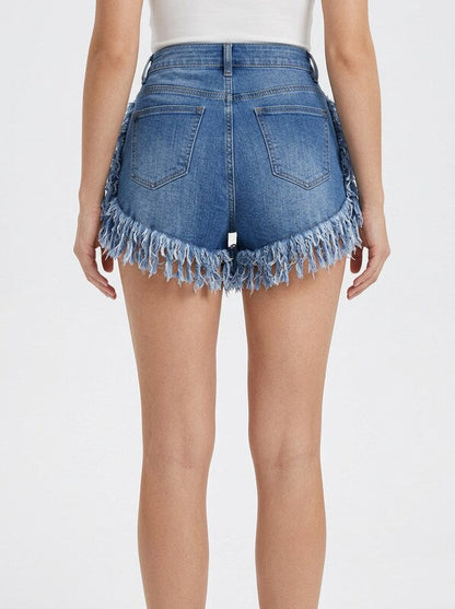 High Waist Denim Jeans Shorts for Women Fringe Hem Design