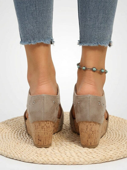 Rivet Detail Cork Wedge Slide Sandals