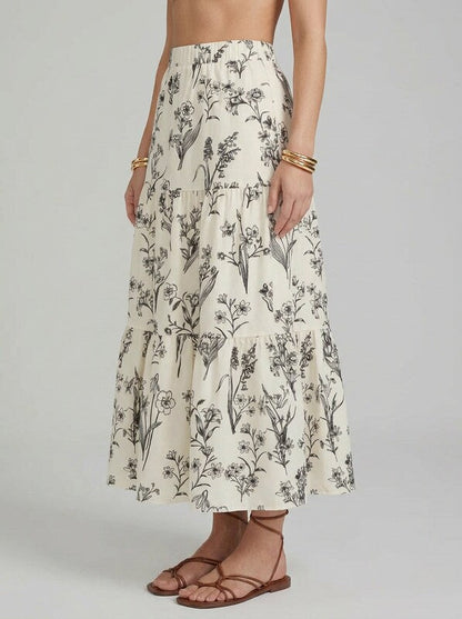 Women's Tiered Midi Skirt with Elastic High Waist