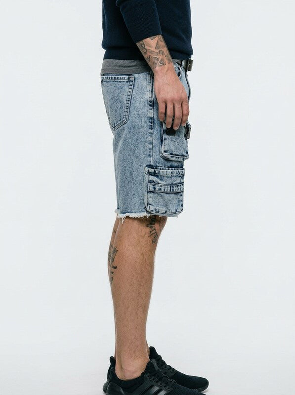 Light Wash Denim Jeans Cargo Bermuda Shorts for Men Distressed