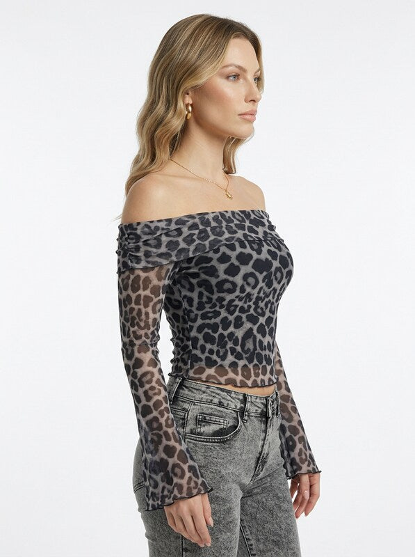 Women's Off Shoulder Leopard Print Mesh Puff Sleeve Cropped Shirt