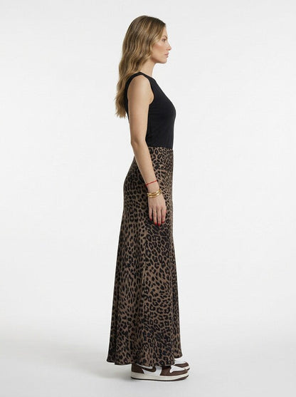 Leopard Print Satin High Waist Midi Skirt