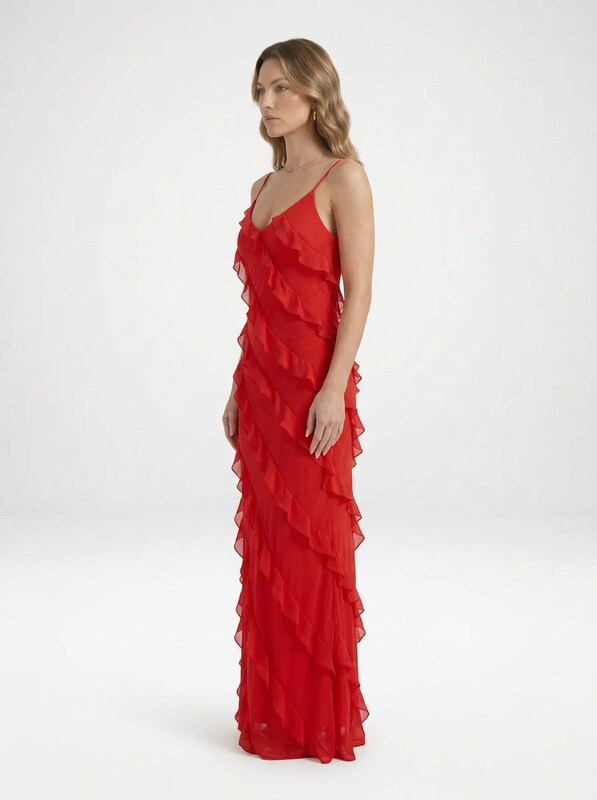 Romantic Ruffle Chiffon Evening Gown Maxi Dress
