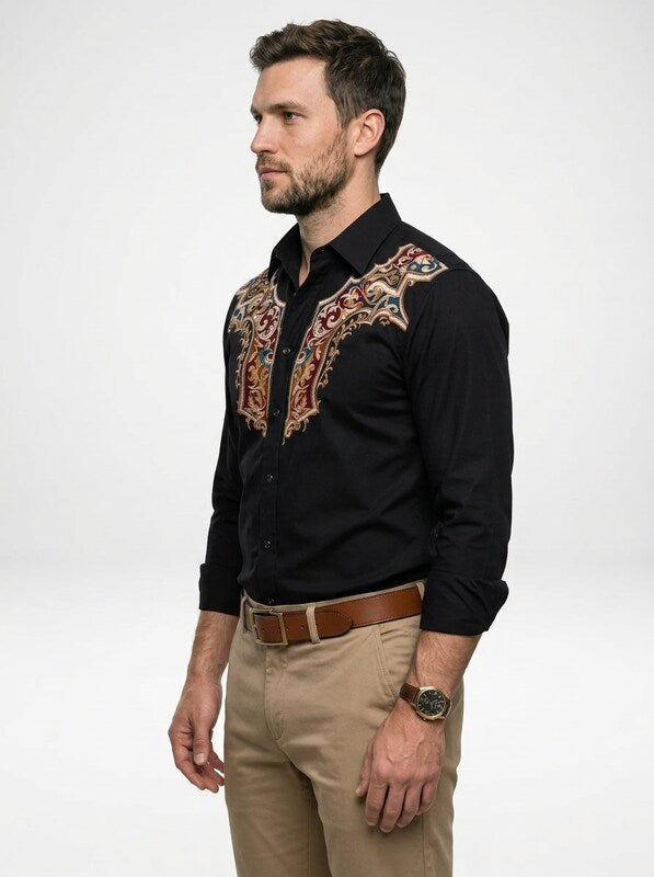 Men’s Retro Western Embroidered Long Sleeve Cowboy Shirt