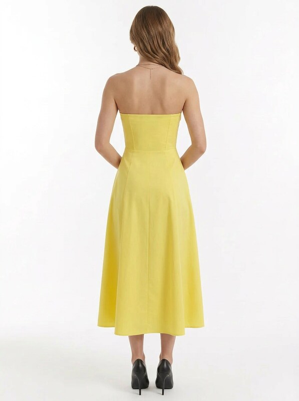 Ruched Strapless Satin Midi Dress