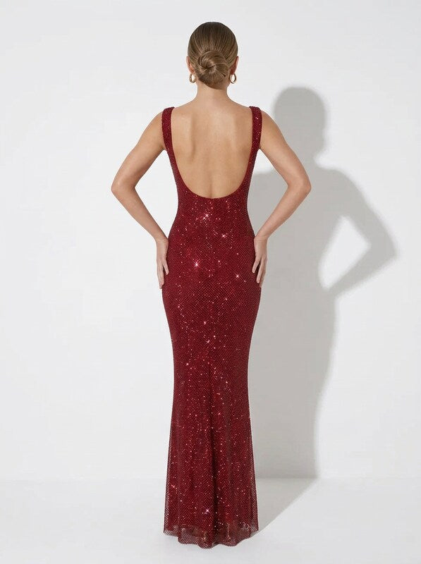 Embellished Satin Evening Maxi Dress