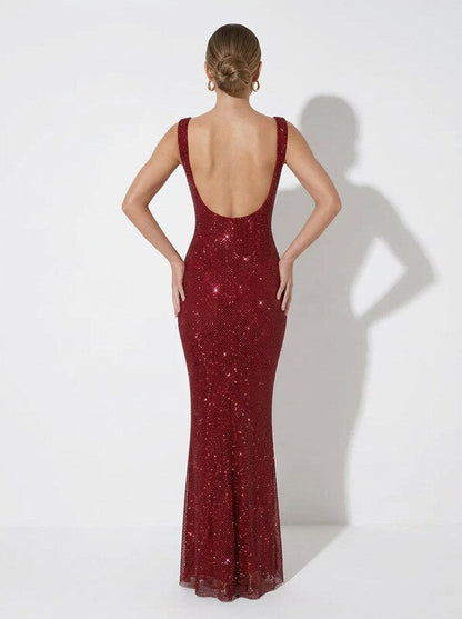 Embellished Satin Evening Maxi Dress