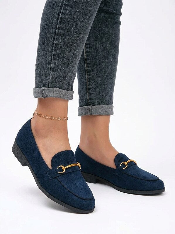 Women's Round Toe Metal Buckle Flat Loafers