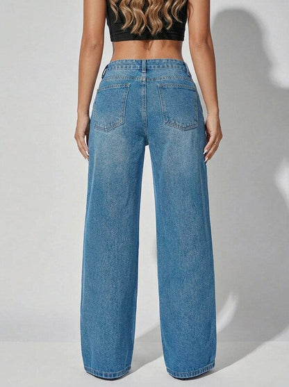 Women's Low Waist Wide Leg Blue Denim Jeans