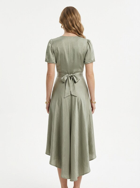 V Neck Twist Front Flutter Sleeve Midi Cocktail Dress