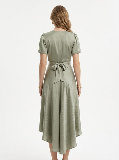 V Neck Twist Front Flutter Sleeve Midi Cocktail Dress