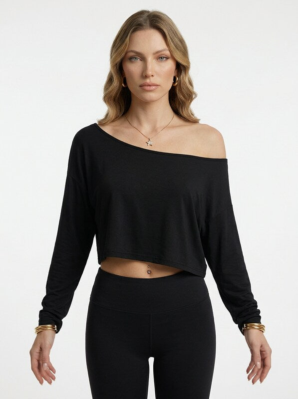 Women's Minimalist Batwing Sleeve Cold Shoulder Crop Blouse