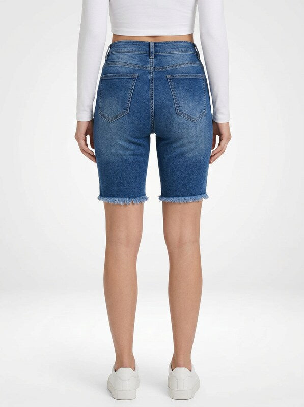 Mid-Waist Denim Jeans Shorts for Women Raw Edge Hem
