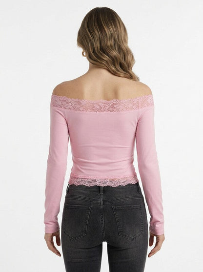 Women's Lace Trim Off Shoulder Long Sleeve Blouse