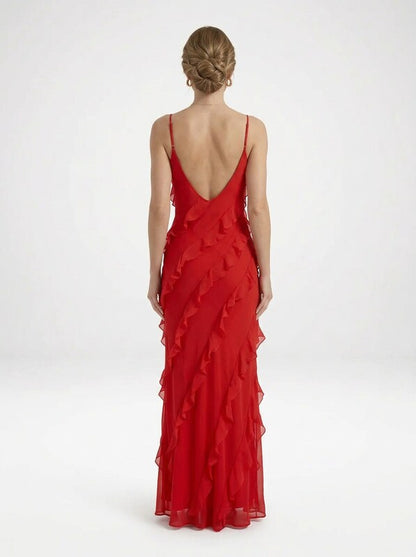 Romantic Ruffle Chiffon Evening Gown Maxi Dress