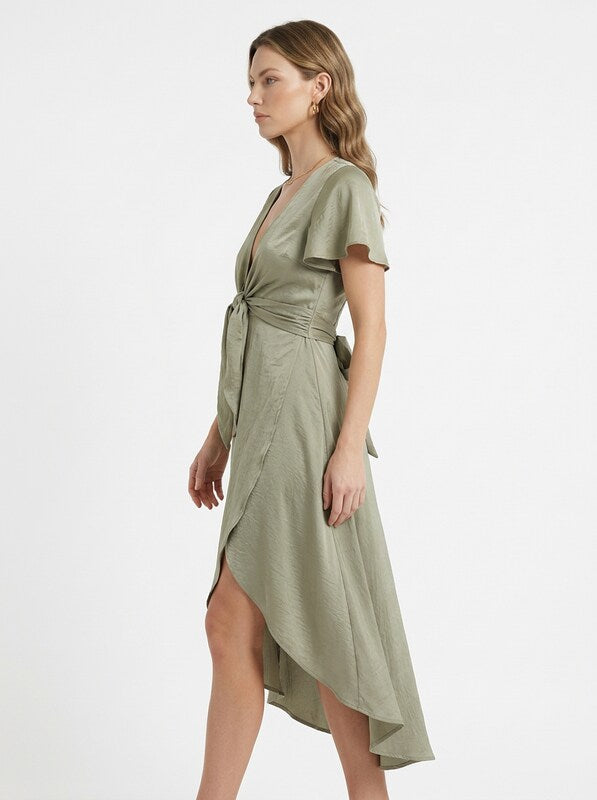V Neck Twist Front Flutter Sleeve Midi Cocktail Dress
