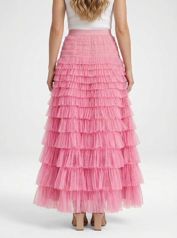 Women's Tulle Maxi Skirt with Elastic High Waist and Layered Silhouette