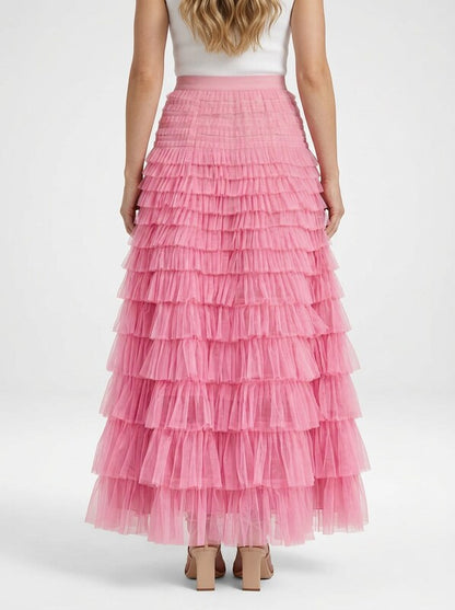 Women's Tulle Maxi Skirt with Elastic High Waist and Layered Silhouette