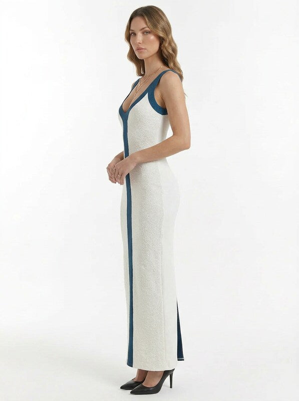 Colorblock Ribbed V Neck Maxi Cocktail Dress