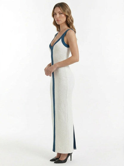 Colorblock Ribbed V Neck Maxi Cocktail Dress