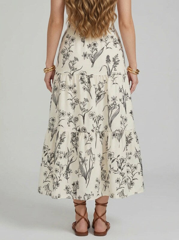 Women's Tiered Midi Skirt with Elastic High Waist