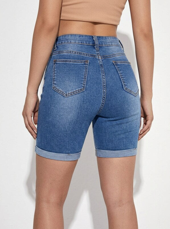 Slim Fit Denim Jeans Shorts for Women High Waist Cut