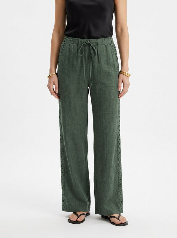 Women's Linen Blend Wide Leg Pants With Lace Hem