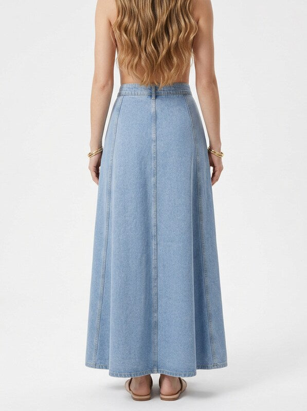 Women's High Waist Denim A Line Maxi Skirt with Front Button Closure