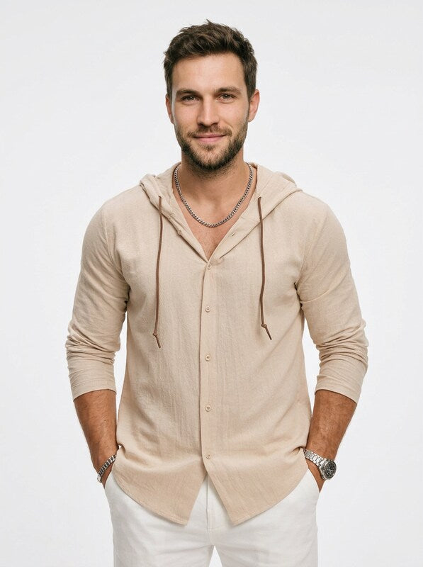 Men’s Relaxed Linen Hooded Button Up Shirt