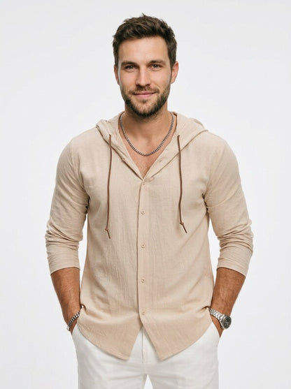 Men’s Relaxed Linen Hooded Button Up Shirt