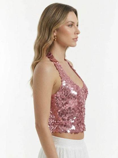 Women's Halter Backless Sequin Cropped Top