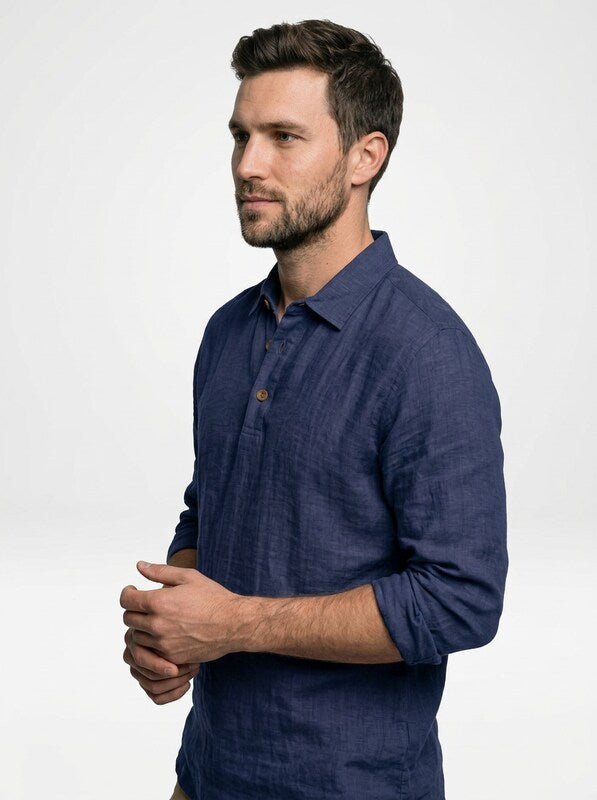 Men’s Relaxed Fit Linen Long Sleeve Polo Shirt