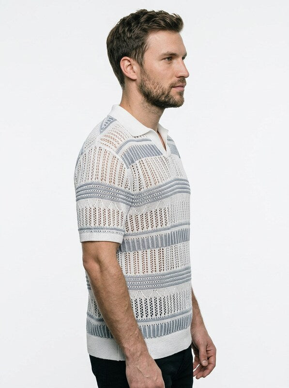 Men’s Striped Knit Polo Shirt with Relaxed Coastal Hollow-Out Design