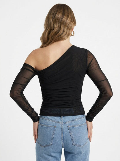 Women's Asymmetric Sheer Mesh Long Sleeve Blouse