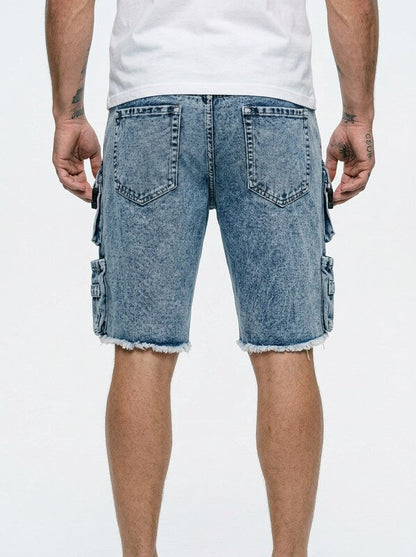 Light Wash Denim Jeans Cargo Bermuda Shorts for Men Distressed