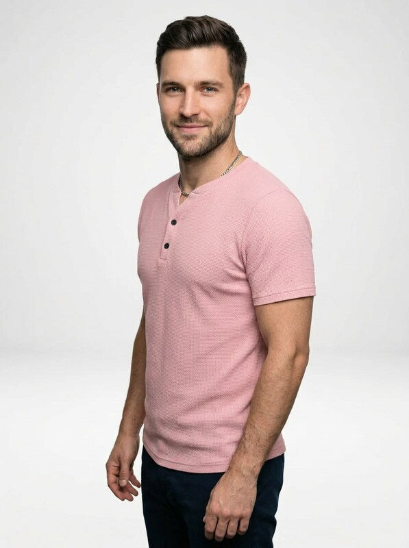 Men’s Short Sleeve Henley Tee Featuring Notched Collar and Button Accents