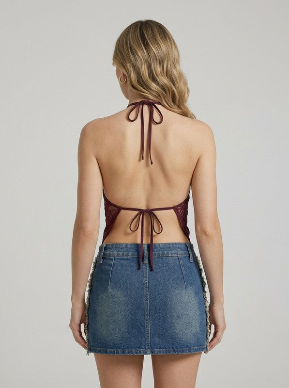Women's Sequin Mesh Backless Halter Crop Top