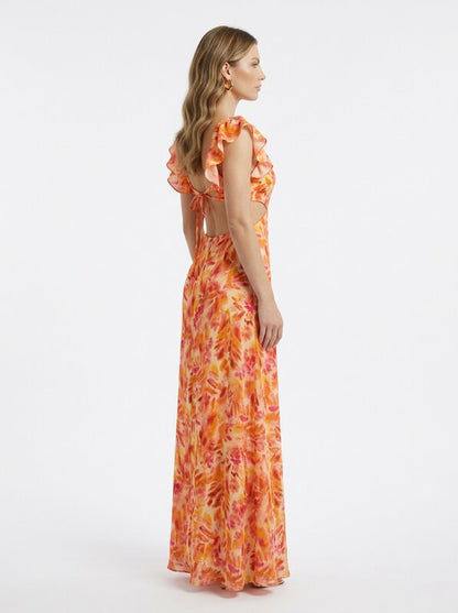 Floral Ruffle V Neck Maxi Cocktail Dress