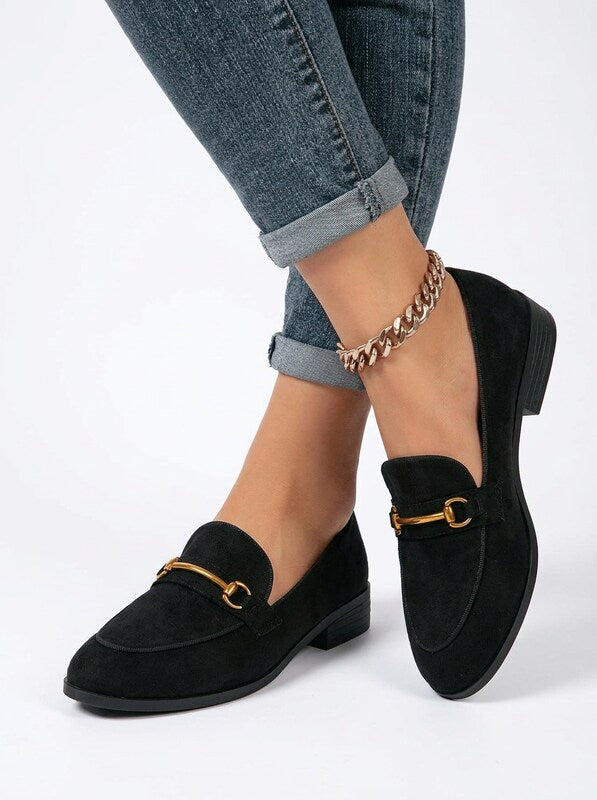Women's Round Toe Metal Buckle Flat Loafers